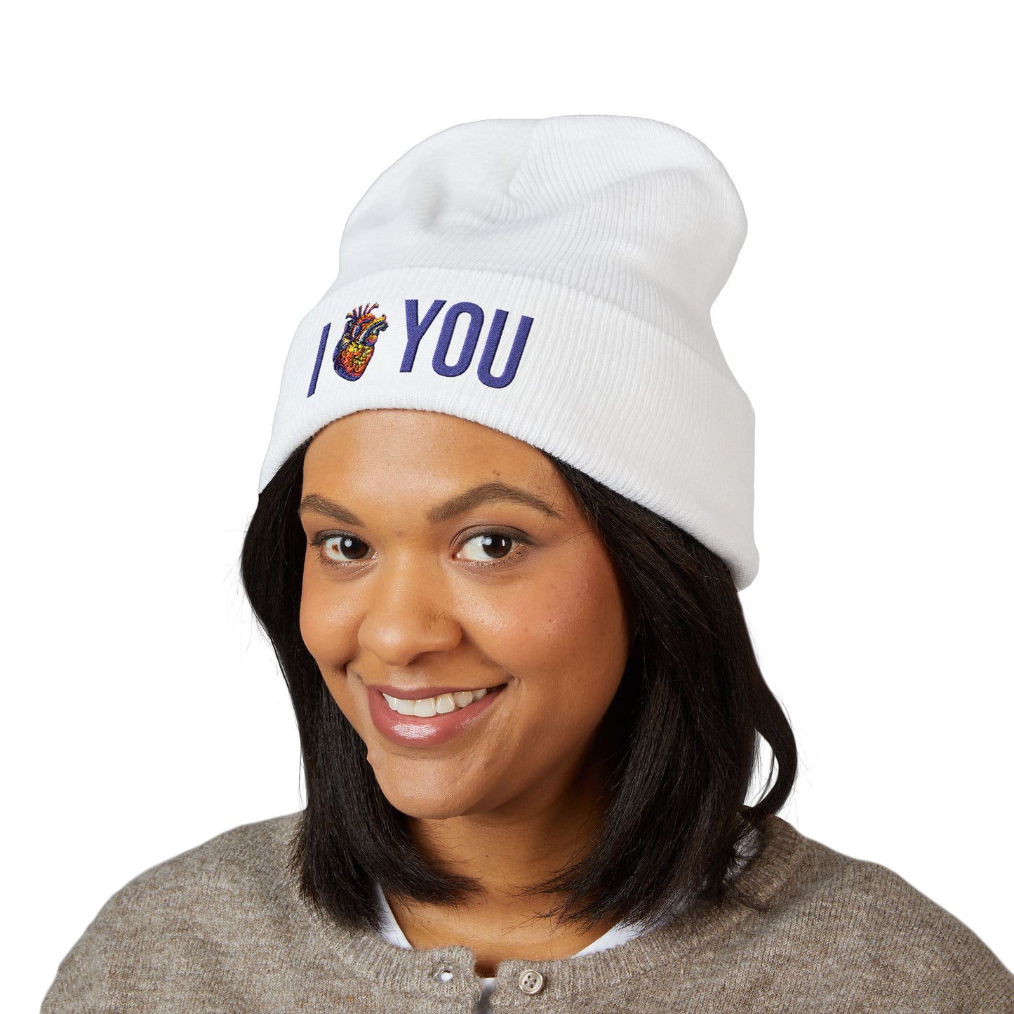 I Heart You Embroidered Cuffed Beanie — Anatomical Heart Design, Cozy Valentine's Hat