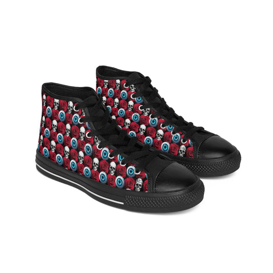 Skull & Eyeball Pattern High-Top Sneakers — Gothic Halloween Women's Shoes