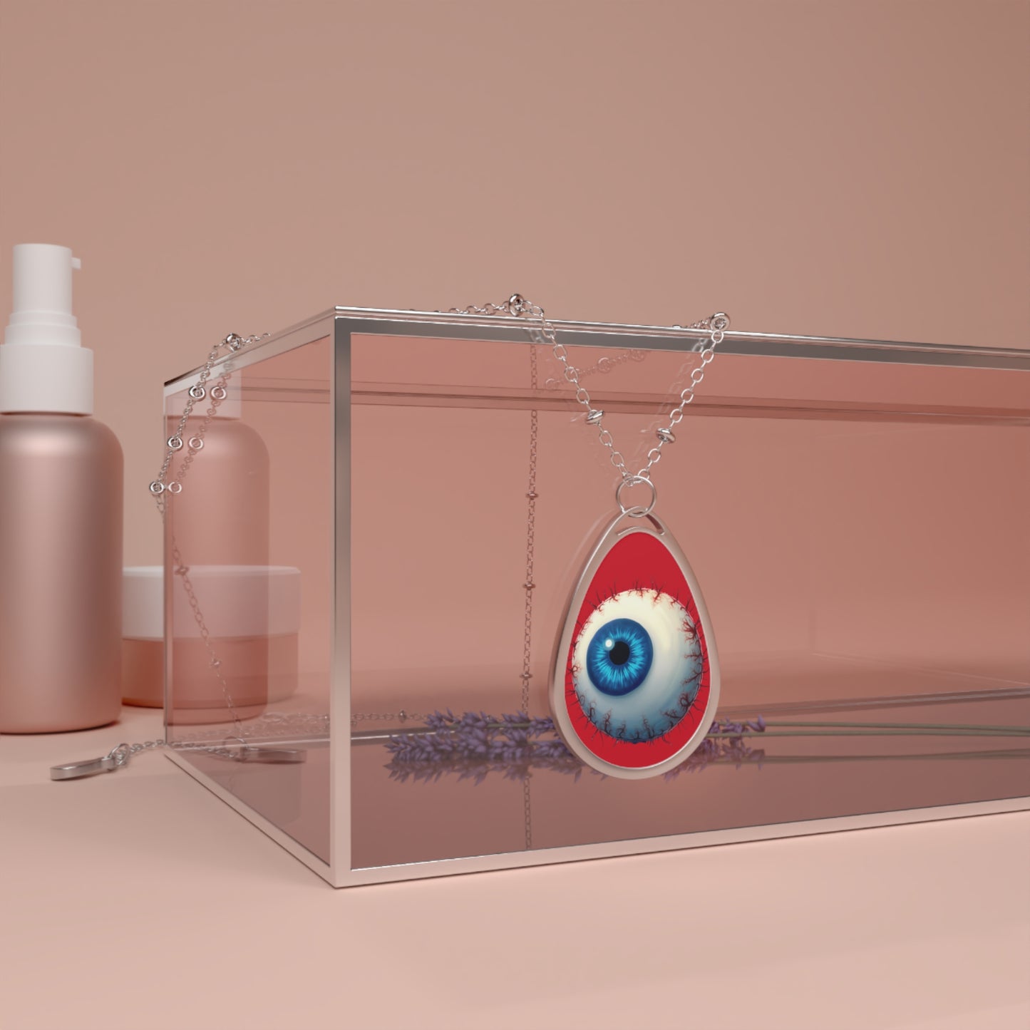 Evil Eye Teardrop Necklace — Blue Eye Oval Pendant on Red Background
