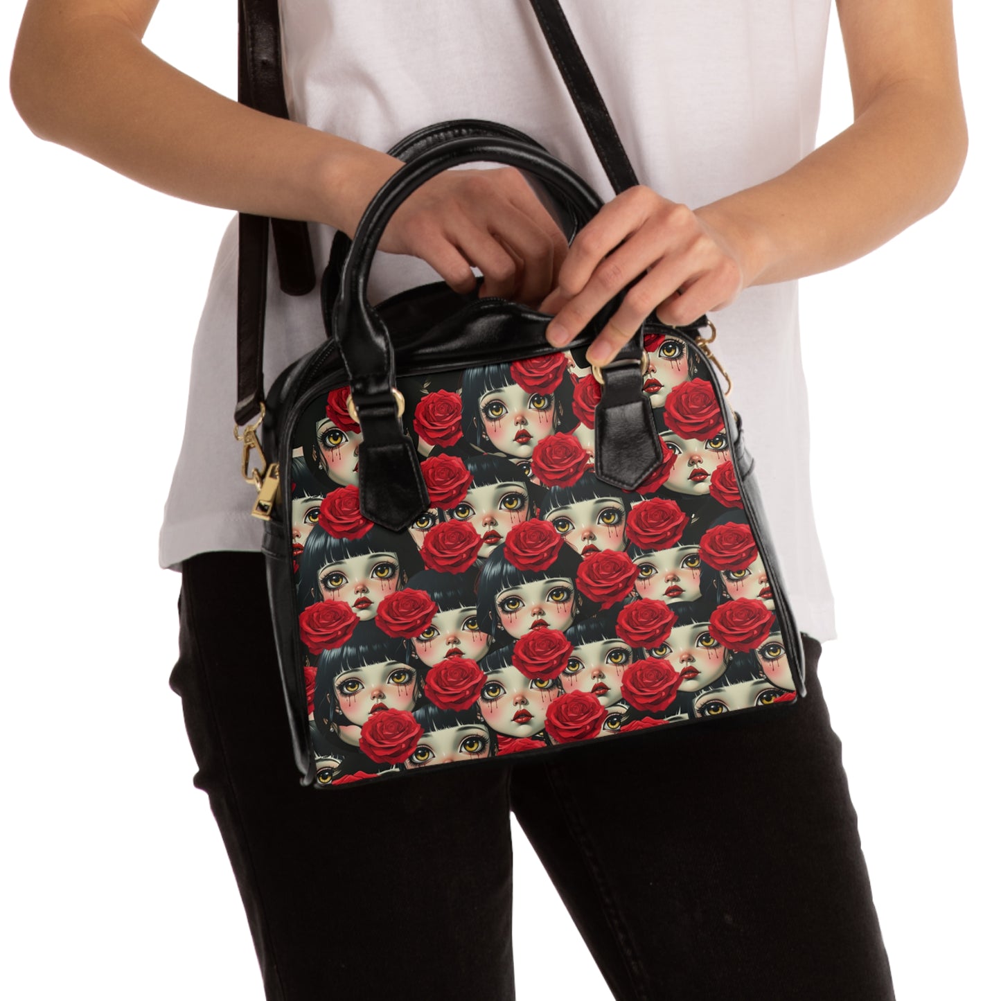 Rose Doll Face Shoulder Handbag — Gothic Vintage Floral Pattern Tote