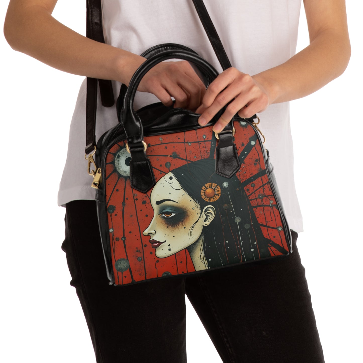 Gothic Art Shoulder Handbag — Dark Portrait Red Skull Design