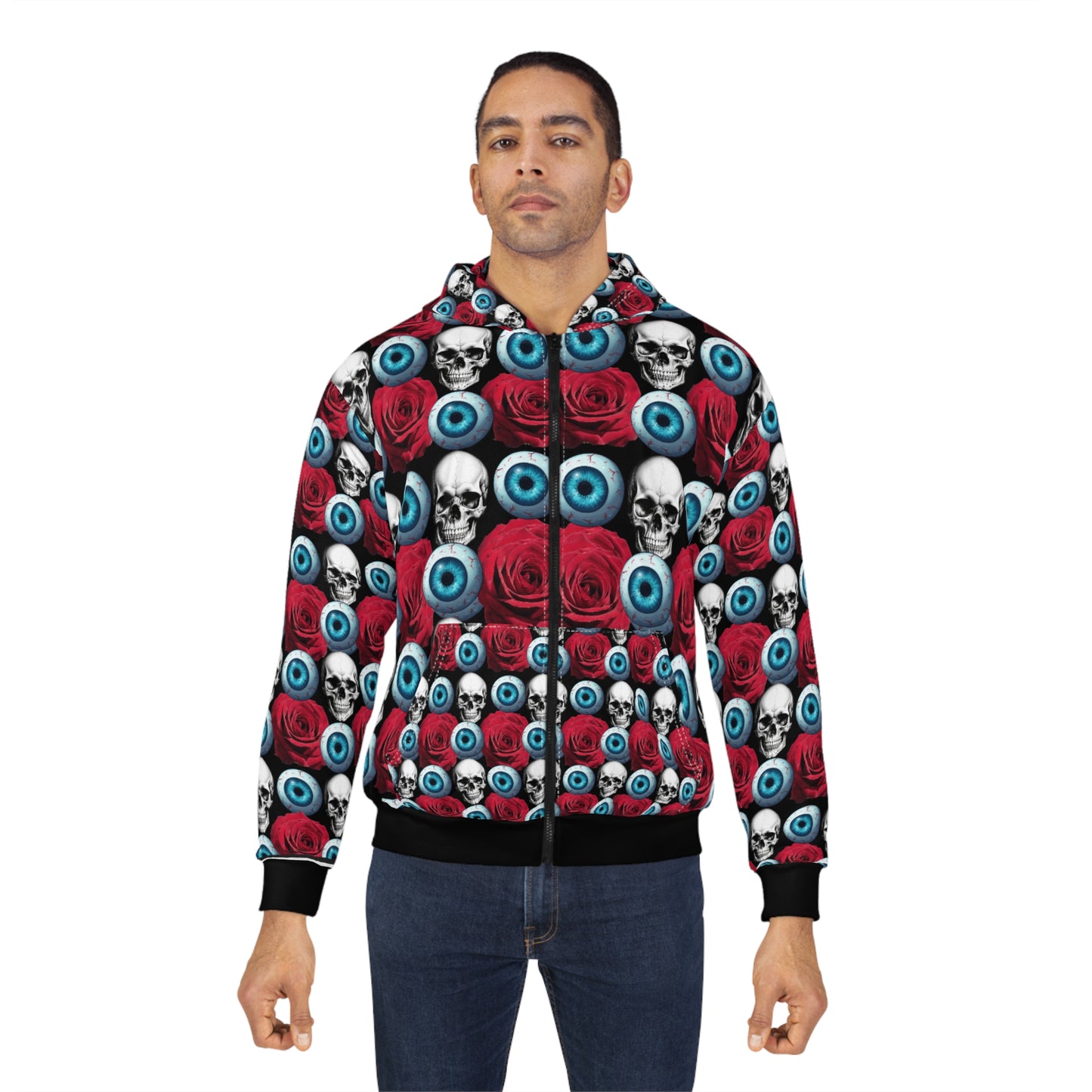 Skull, Rose & Eyeball All-Over Print Zip Hoodie — Gothic Horror Streetwear