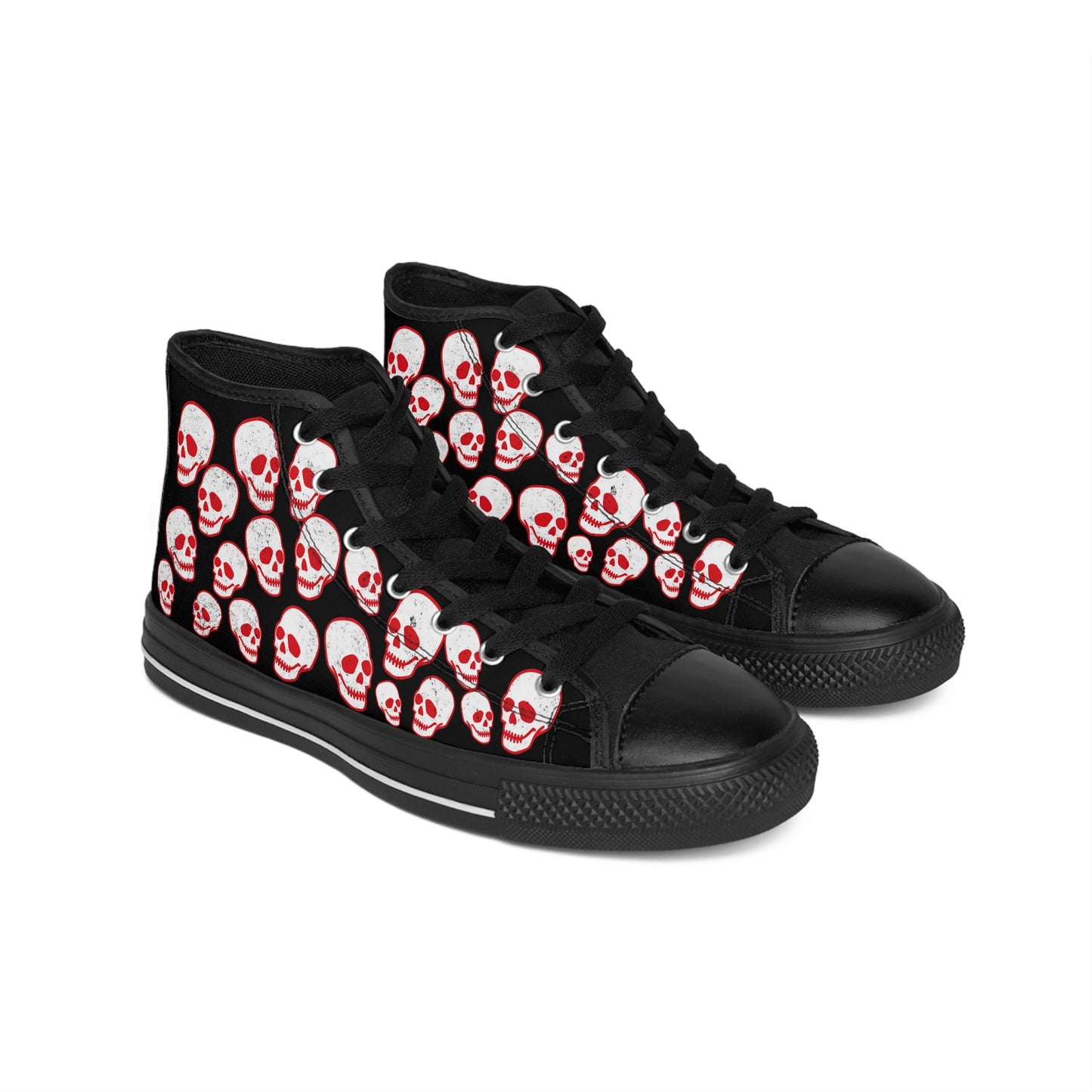 Skull Pattern Women's High-Top Sneakers — Gothic Black Canvas Shoes