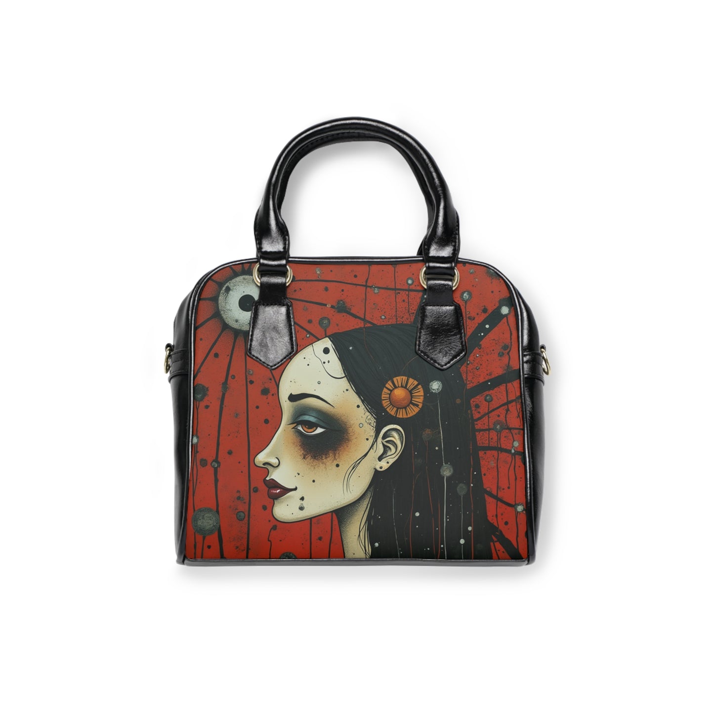 Gothic Art Shoulder Handbag — Dark Portrait Red Skull Design