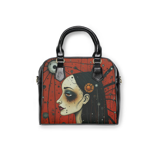Gothic Art Shoulder Handbag — Dark Portrait Red Skull Design
