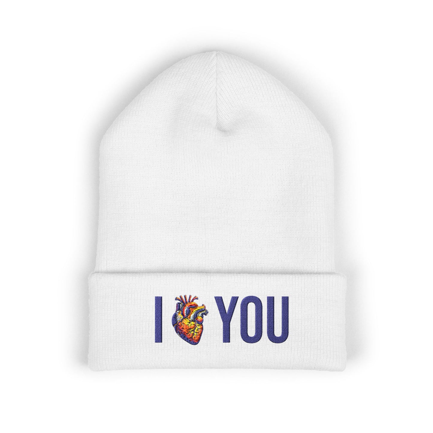 I Heart You Embroidered Cuffed Beanie — Anatomical Heart Design, Cozy Valentine's Hat