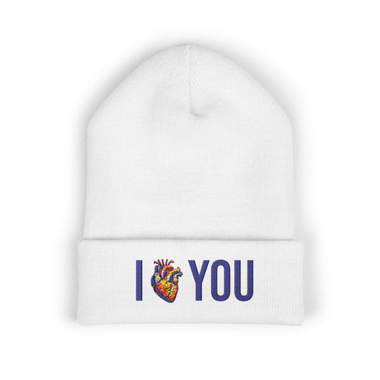 I Heart You Embroidered Cuffed Beanie — Anatomical Heart Design, Cozy Valentine's Hat