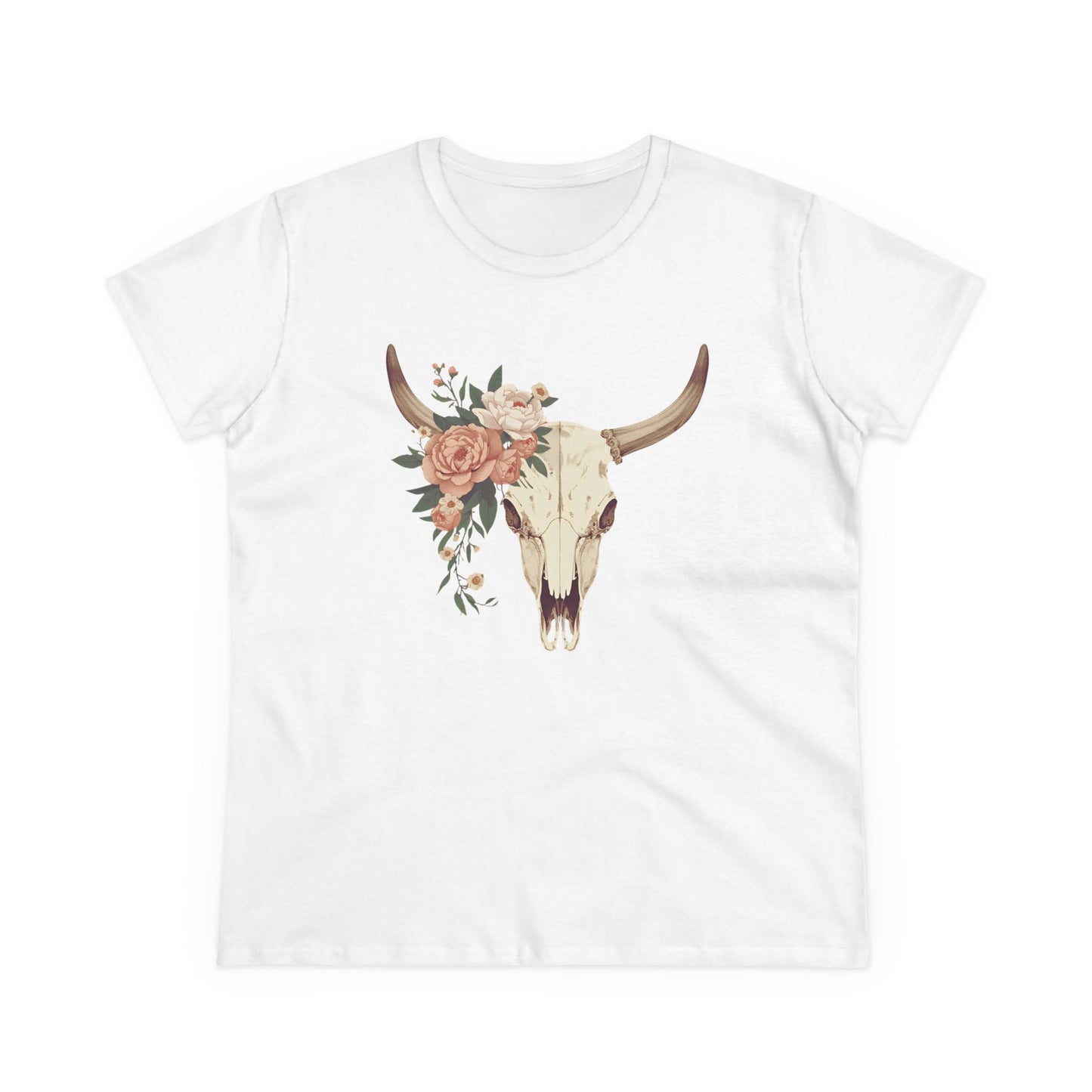 Women's Floral Cow Skull Tee — Boho Southwestern Graphic T-Shirt