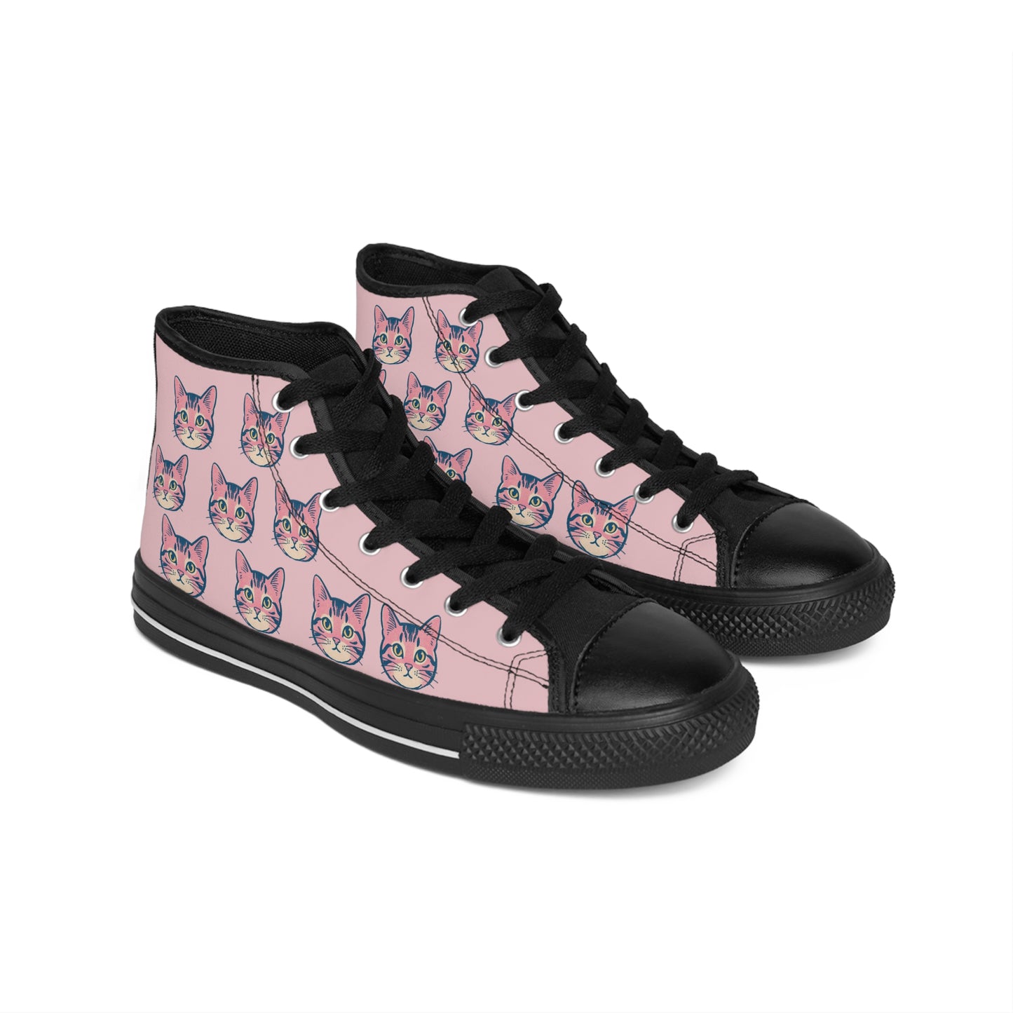 Cat Face Pattern High-Top Sneakers — Pink Women’s Casual Kittens Design