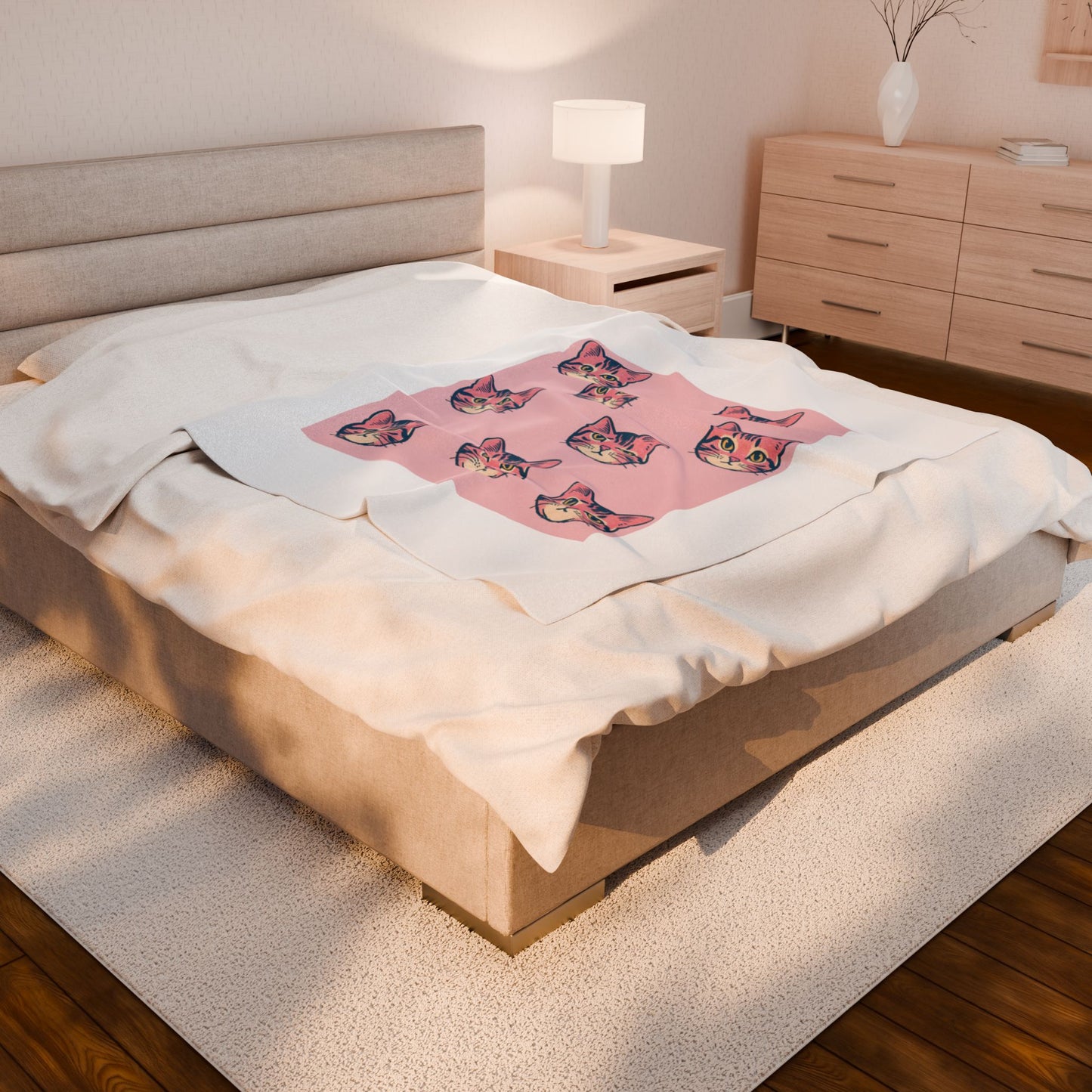 Pink Pop Art Cat Velveteen Plush Blanket — Cute Retro Kitty Throw