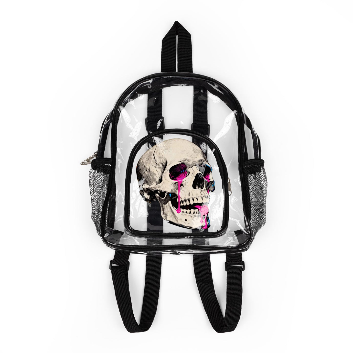 Clear Stadium Backpack — Skull Graphic Clear Security Backpack with Pink Accent