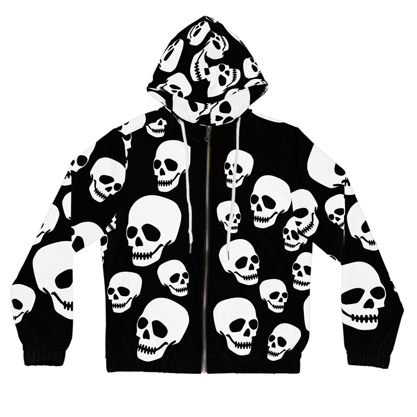 Skull Pattern Women's Zip Hoodie – Black & White Gothic All-Over Print