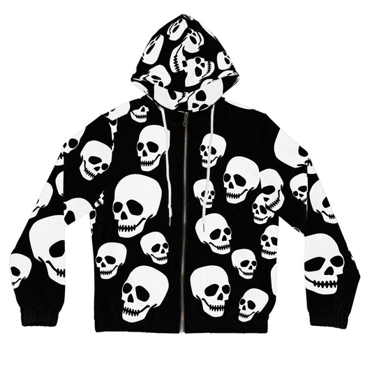 Skull Pattern Women's Zip Hoodie – Black & White Gothic All-Over Print