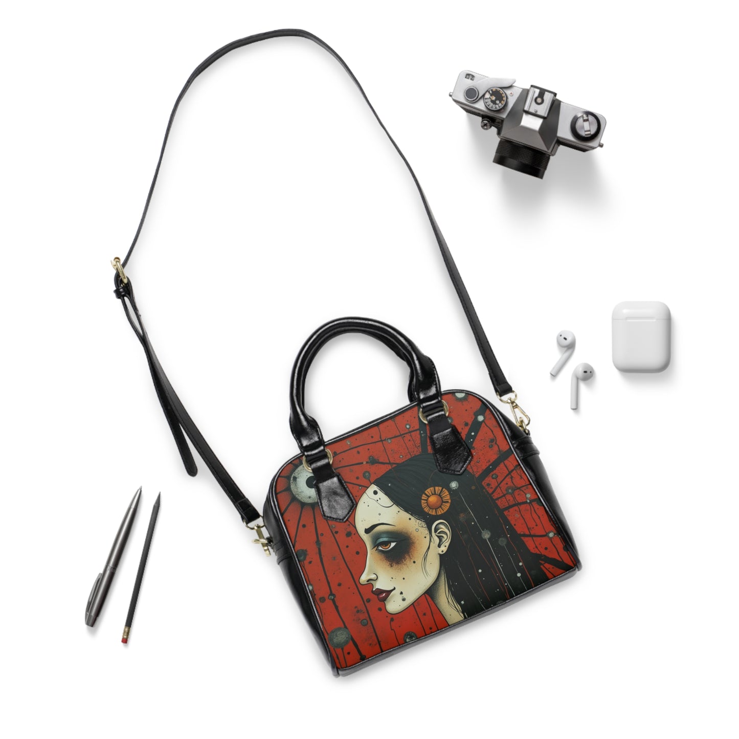 Gothic Art Shoulder Handbag — Dark Portrait Red Skull Design