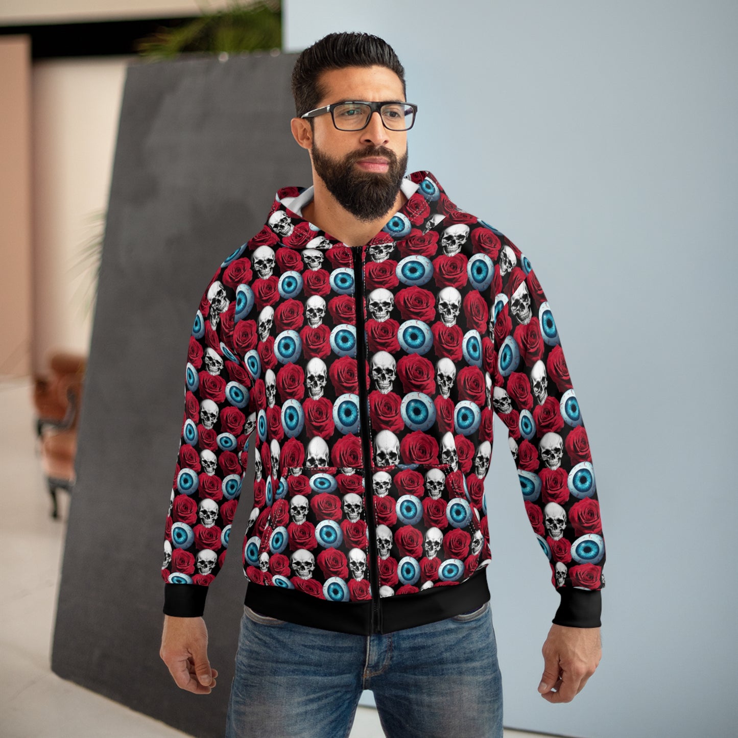 Skull & Eyeball All-Over Print Zip Hoodie — Gothic Horror Pattern