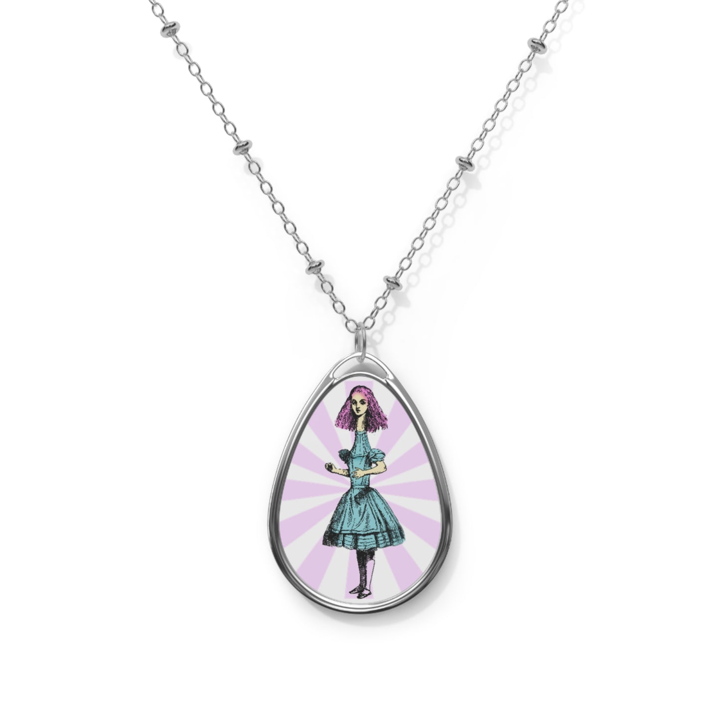 Alice-Inspired Oval Pendant Necklace — Vintage Girl Portrait Teardrop Locket