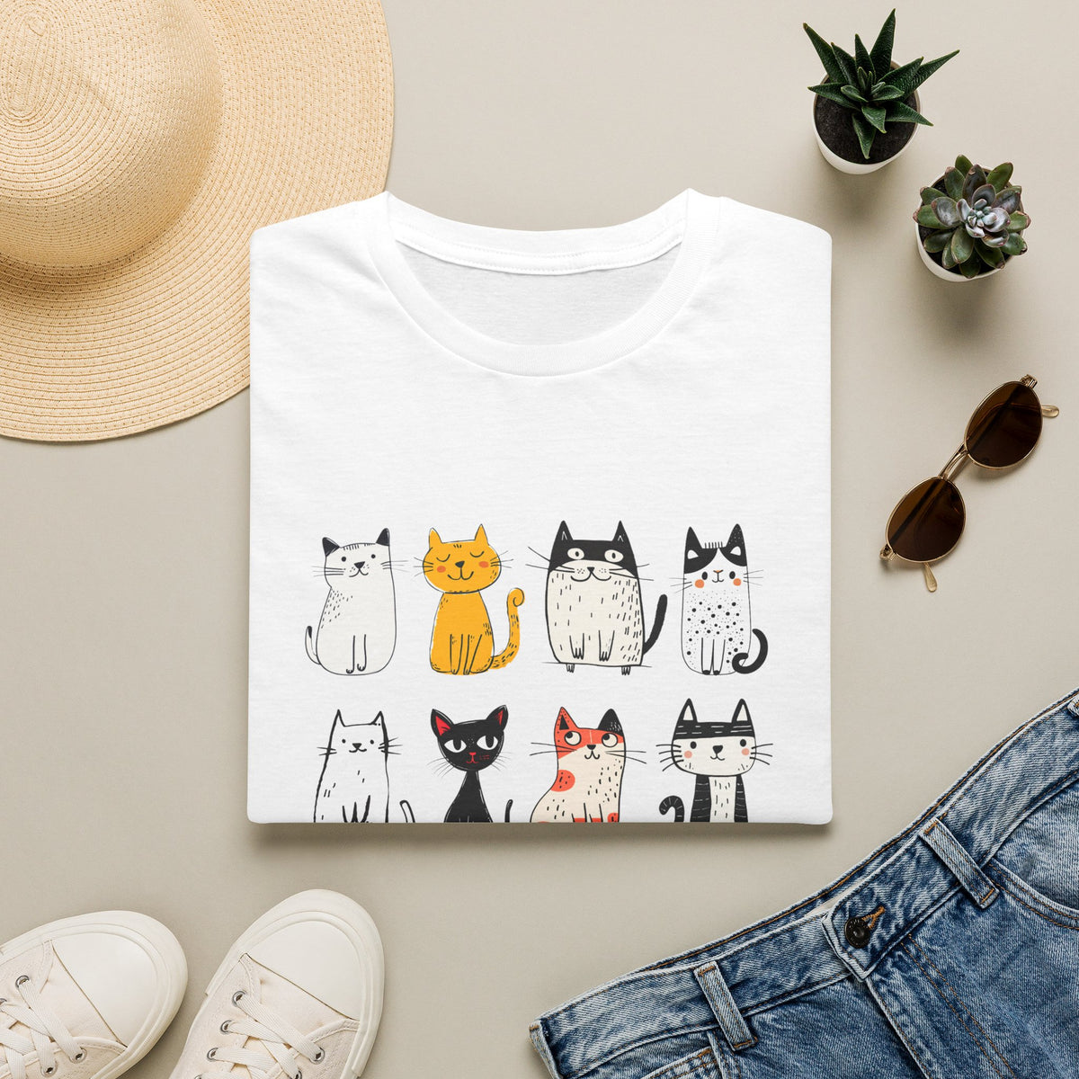 Cute Cats T-Shirt — Row of Illustrated Kitties Tee