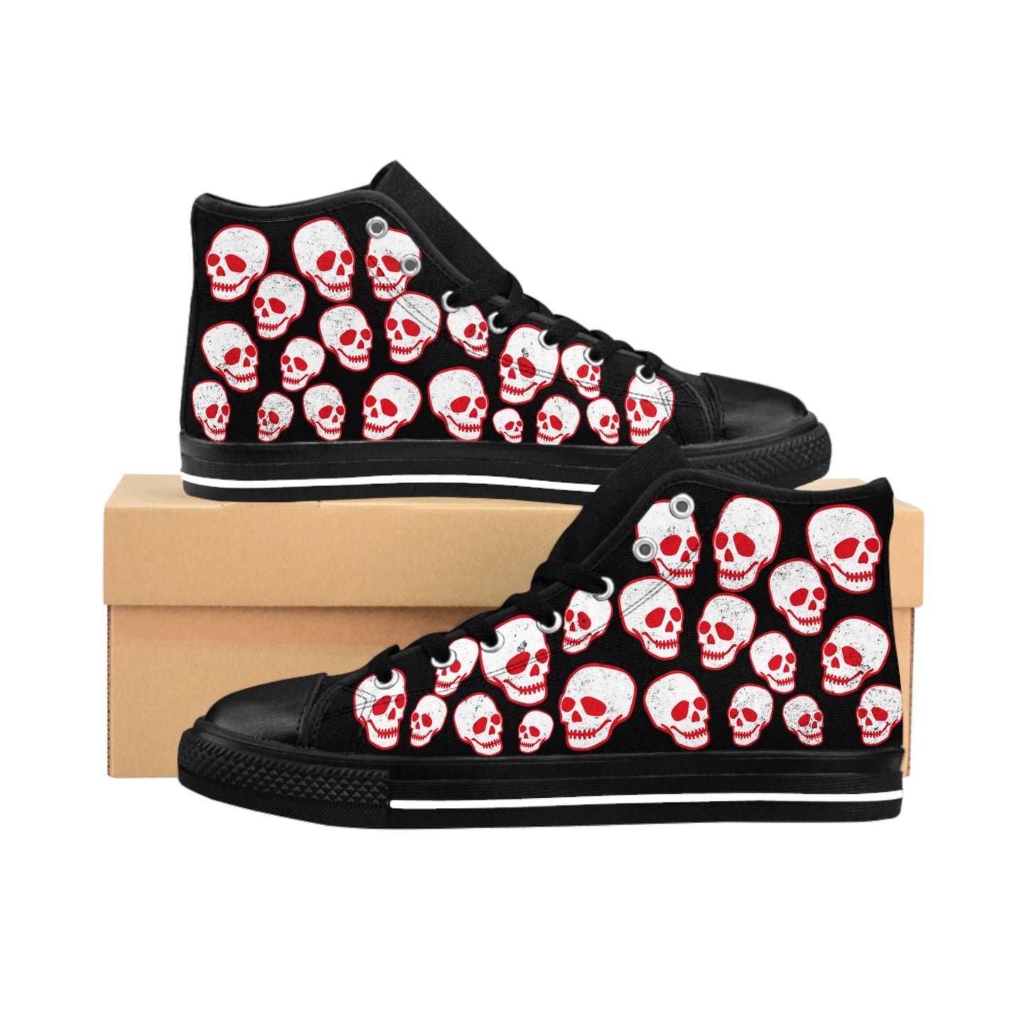 Skull Pattern Women's High-Top Sneakers — Gothic Black Canvas Shoes