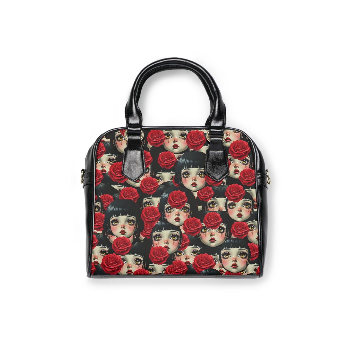 Rose Doll Face Shoulder Handbag — Gothic Vintage Floral Pattern Tote
