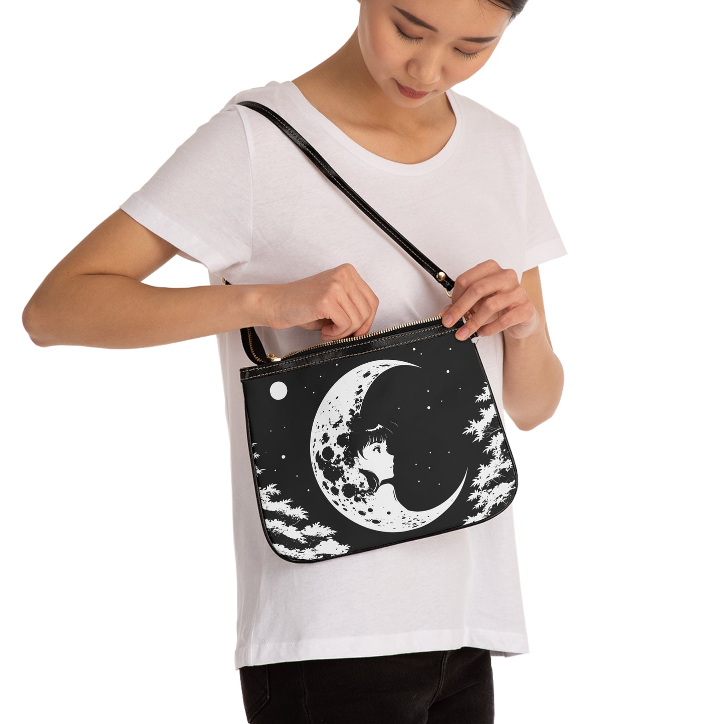 Moon Girl Small Shoulder Bag — Black Crescent Moon Anime Crossbody